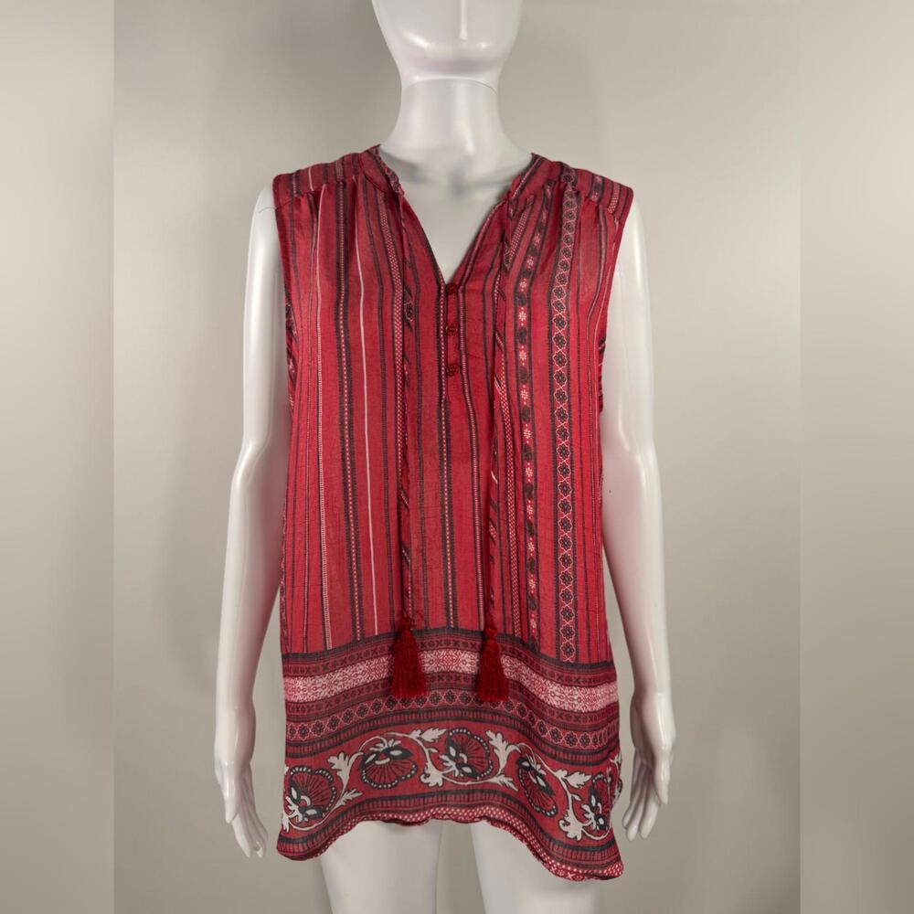 St John’s Bay Women’s Size Large Red Pink Tassel Neck Boho Sleeveless Tunic Top
